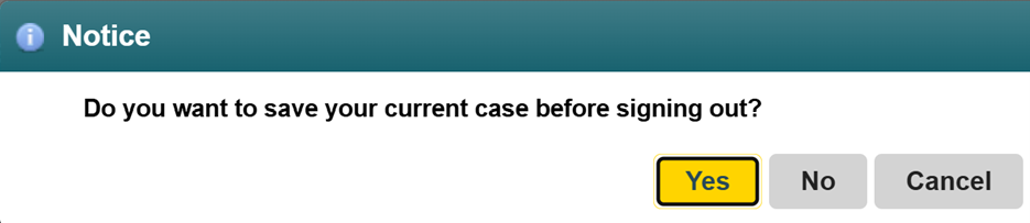 PGMA prompt: Do you want to save your current case before signing out?